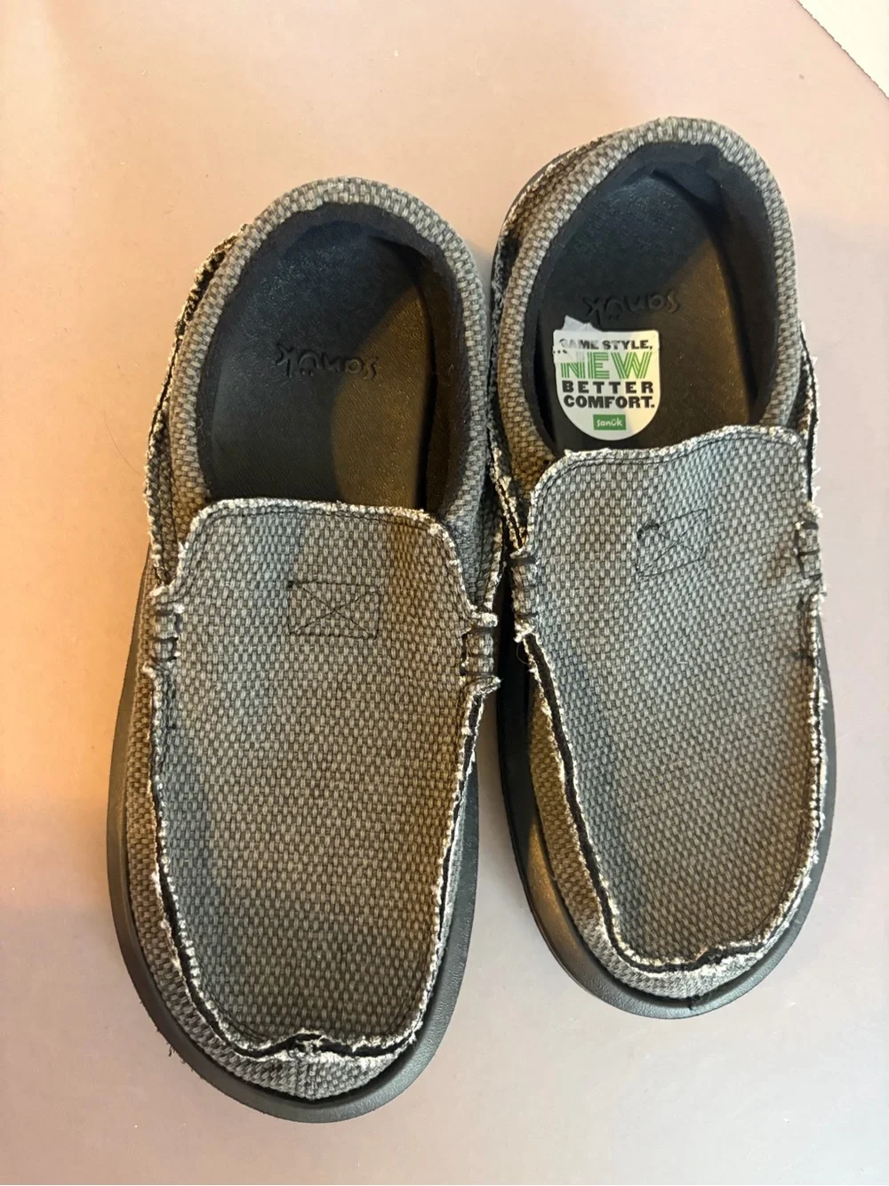 Sanuk Men’s Charcoal Canvas Slip-On Boat Shoes